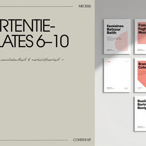 May include: A digital presentation slide titled ADVERTENTIE-TEMPLATES 6-10 with a beige background and black text. To the right, eight white rectangular cards are displayed in a grid, each featuring black text and coral-colored geometric shapes.