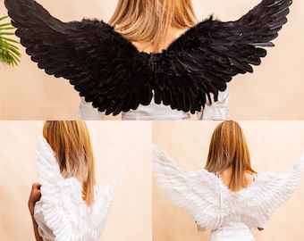 Grandes alas de ángel de plumas blancas y negras para adultos y niños, alas de ángel para accesorios de disfraces de Halloween, alas de plumas de cosplay, disfraz de cosplay