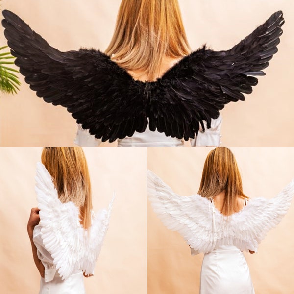 Grandes alas de ángel de plumas blancas y negras para adultos y niños, alas de ángel para accesorios de disfraces de Halloween, alas de plumas de cosplay, disfraz de cosplay