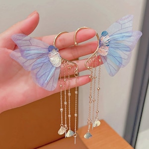 Handmade Tassel Elf Earrings, Mermaid Fringe Hair Clip, Butterfly Wings Dangle Earring Cuff, Fairy Wing Earrings, No Piercing, Cosplay