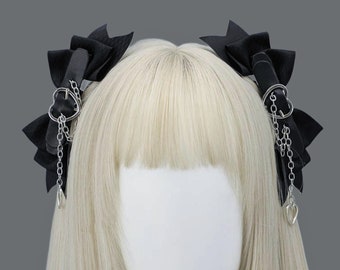 Lolita Steampunk Haarspange, Schwarze Süße Herz Schleife Haarspange, Y2K Haarspange, Cosplay Haarnadel, Schwarze Lolita Punk Haarspange
