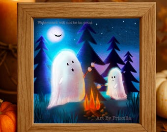 Gespenster Lagerfeuer Kunstdruck – Gemütliches Summerween Dekor