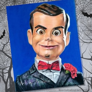 Goosebumps art print, slappy dummy, spooky haunted Halloween, movie photo, wall decor