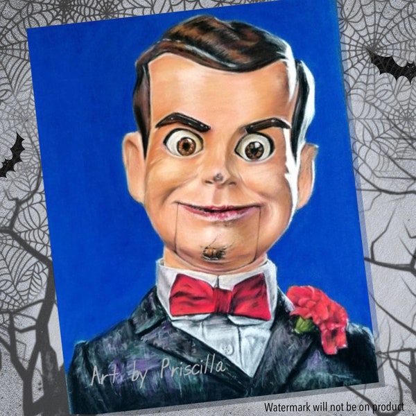 Goosebumps art print, slappy dummy, spooky haunted Halloween, movie photo, wall decor