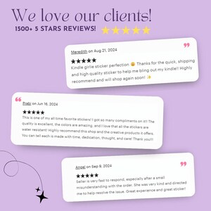 May include: Image featuring customer reviews with a purple background. Text reads "We love our clients!" and "1500+ 5 STARS REVIEWS!". Three customer testimonials are displayed, each with a 5-star rating and positive feedback about the product and service.