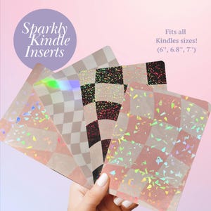 May include: Four iridescent, holographic, checkerboard patterned Kindle inserts. The inserts are designed to fit all Kindle sizes, including 6-inch, 6.8-inch, and 7-inch Kindles. The inserts are made of a durable, clear material and are easy to apply.