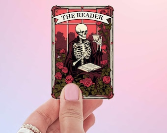 The Reader Tarot Card Sticker - Funny Skeleton Book Lover Decal