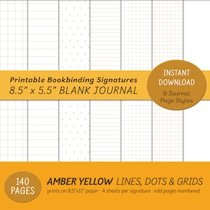Puede incluir: Firmas de encuadernación imprimibles para un diario en blanco con 9 estilos de página diferentes. Los estilos de página incluyen patrones de líneas, cuadrícula y puntos en amarillo ámbar. El diario mide 8,5 pulgadas por 5,5 pulgadas y tiene 140 páginas.