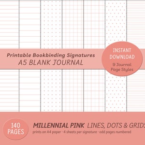 Puede incluir: Cuaderno en blanco A5 imprimible con 9 estilos de página diferentes, incluyendo patrones de líneas, puntos y cuadrícula. El cuaderno tiene 140 páginas y está impreso en papel A4. Las páginas están numeradas y el cuaderno está diseñado con un esquema de color rosa milenial.
