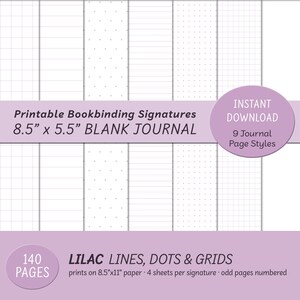 Puede incluir: Firmas de encuadernación imprimibles para un diario en blanco. La imagen muestra nueve estilos de página diferentes: rayados, punteados y cuadriculados. El diario mide 8,5 pulgadas por 5,5 pulgadas y tiene 140 páginas. El texto "Lilac Lines, Dots & Grids" está impreso en la imagen.