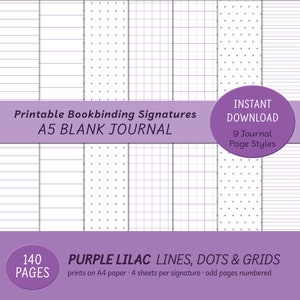 Puede incluir: Cuaderno en blanco A5 imprimible con 9 estilos de página diferentes: rayado, punteado, cuadriculado, etc. El cuaderno tiene 140 páginas y está impreso en papel A4. Las páginas son de color lila.