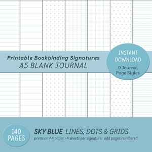 Puede incluir: Cuaderno en blanco A5 imprimible con 9 estilos de página diferentes. El cuaderno tiene 140 páginas y está impreso en papel A4. Los estilos de página incluyen líneas, puntos y cuadrículas en azul cielo.