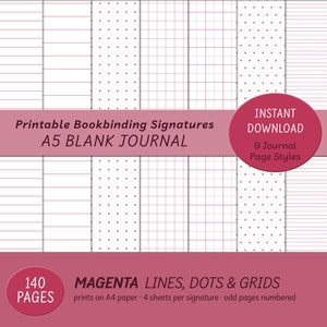 Puede incluir: Cuaderno en blanco A5 imprimible con 9 estilos de página diferentes. Las páginas presentan líneas, puntos y cuadrículas magenta. El cuaderno tiene 140 páginas y se imprime en papel A4 con 4 hojas por signatura. Las páginas impares están numeradas.
