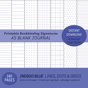 Puede incluir: Cuaderno en blanco A5 imprimible con 9 estilos de página diferentes, incluyendo patrones de líneas, puntos y cuadrícula. El cuaderno tiene 140 páginas y está impreso en papel A4. Las páginas son de color azul índigo y el texto dice "Indigo Blue Lines, Dots & Grids".