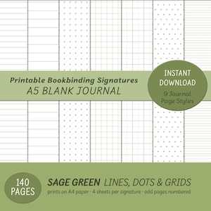 Puede incluir: Cuaderno en blanco A5 imprimible con 9 estilos de página diferentes, incluyendo páginas rayadas, con puntos y cuadriculadas. El cuaderno tiene 140 páginas y está impreso en papel A4. Las páginas son de color verde salvia y el texto es negro.