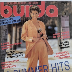 1992/07 BURDA MODEN Rivista di moda vintage, cartamodello per cucito vintage, moda anni ’90, rivista di cucito