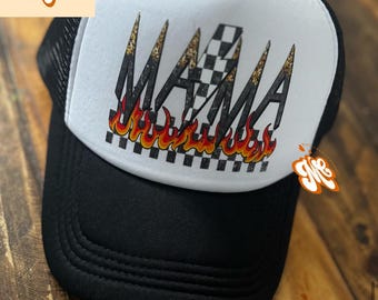 Mom Checkered Flame Trucker Hat, Trendy Trucker Hat, Cute Trucker Hat, Gift For Mom Hat, Faux Sequin Hat Patch,  Summer Hat, Gift For Mom