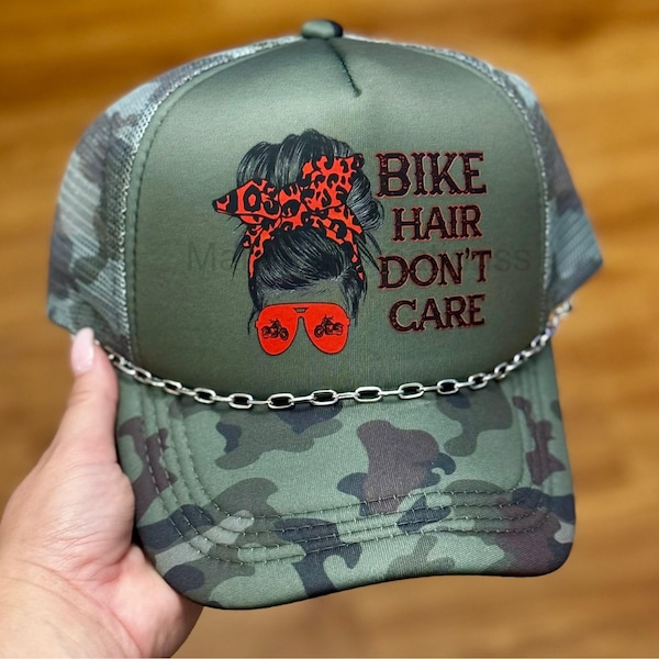 Bike Hair Don’t Care Bun Orange Leopard Bow Motorcycle Sarcastic Gift Trucker Hat
