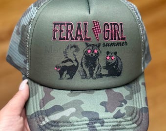 Feral Girl Summer Sarcastic Funny Raccoon Gift Trucker Hat