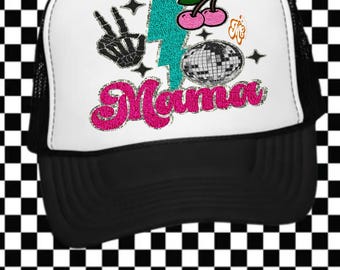 Mom Retro Faux Chenille Patch Trucker Hat, Summer Trucker Hat, Trendy Trucker Hat, Cute Trucker Hat, Mom Trucker Hat, Collage Faux Hat Patch