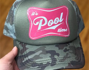 Pool Trucker Hat, River Trucker Hat, Beach Hat, Lake Trucker Hat, Trendy Trucker Hat, Faux Hat Patch, Distressed Pink Blue Design Summer Hat