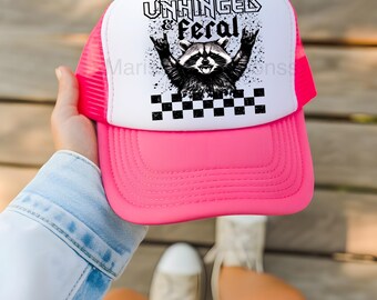 Unhinged & Feral Checkered Raccoon Sarcastic Funny Womens Gift Trucker Hat