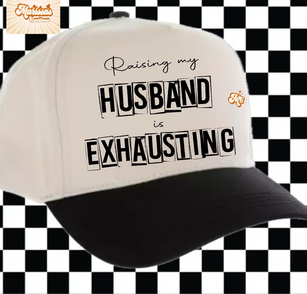 RAISING MY HUSBAND IS EXHAUSTING Black & White Funny Trucker Hat Raising My Husband is Exhausting Hat Funny Wife Gift  main image 3