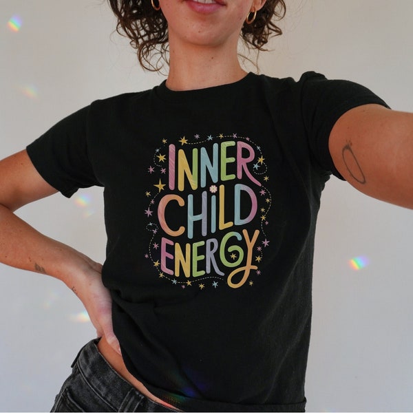 Inner Child Energy Baby Tee, Women’s Y2K 90s Shirt Magical Aesthetic Crop Top, Trendy Family Vacation Outfit Rainbow Hippie Gift for Her