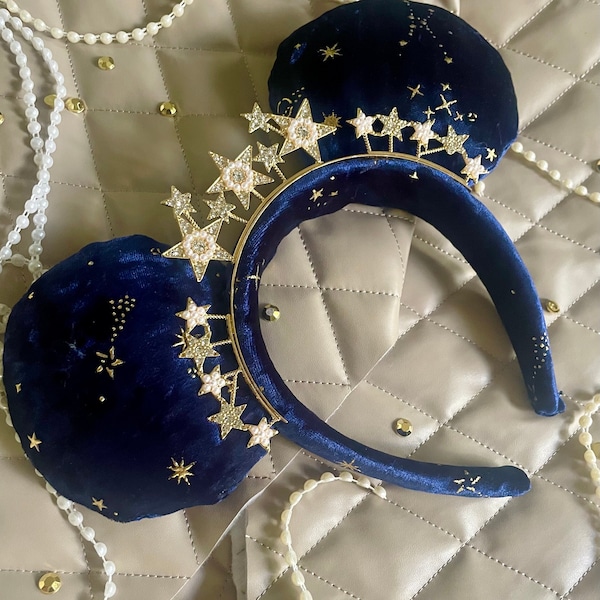 Star Halo Headband Mouse Ears | Blue Velvet Mouse Ears Crown | Magic Fireworks Ears for Women Adult Girl | Upon a Star Mouse Ears Gold Pearl