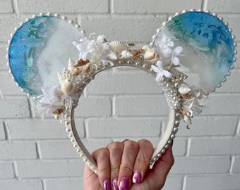 Mermaid Mouse Ears Headband | Ocean Resin Mouse Ears Custom | Seashell Pearl Mouse Ears for Adults | Women Mouse Ears Handmade Mermaid Core