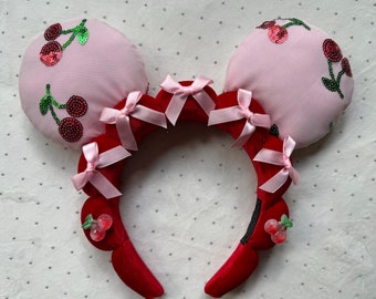 Coquette Cherry Mouse Ears Gevoerde hoofdband, Bow Soft Girl Accessoires Theme Park Womens Gift, Berry Esthetische Muisoren Trendy Vakantie