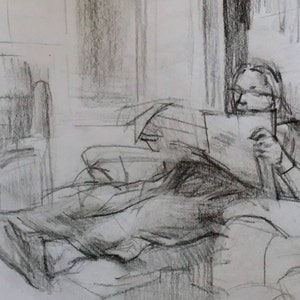 Eine gedruckte Karte des Kunstwerks 'Eileen Reading' von Carly Morris