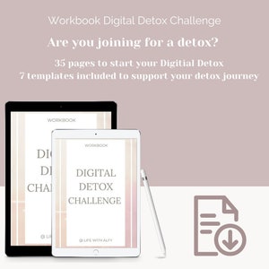 Op de afbeelding: Een digitaal detox-werkboek met een roze en witte gestreepte omslag. De omslag heeft de tekst "Workbook Digital Detox Challenge" en "Digital Detox Challenge" met de woorden "Life with Alfy" onderaan. Het werkboek wordt weergegeven op een tablet met een witte stylus.