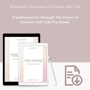 May include: A white tablet with the text "The Power of Positive Self-Talk" on the screen. The tablet is on a pink background with a white stylus and a download icon.