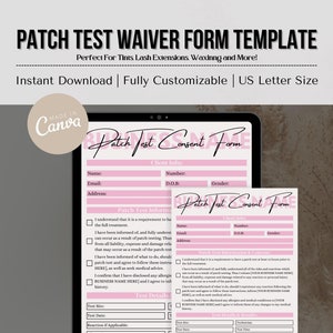 Peut inclure: Un modèle numérique rose et blanc pour un formulaire de consentement à un test cutané. Le formulaire comprend des sections pour les informations du client, les informations sur le test cutané, les détails du test et les signatures. Le texte sur le formulaire indique "Patch Test Consent Form".