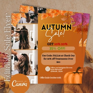May include: A flyer advertising an autumn sale for hair treatments. The flyer features a watercolour illustration of autumn leaves and a pumpkin. The text reads "Autumn Sale! Get 10% 20% 35% Off! Use Code: FALL35 at Check Out for 35% off Treatments Over £50. Follow our Instagram for even more discounts! @Menzie_Styles Offer Ends October 30th."