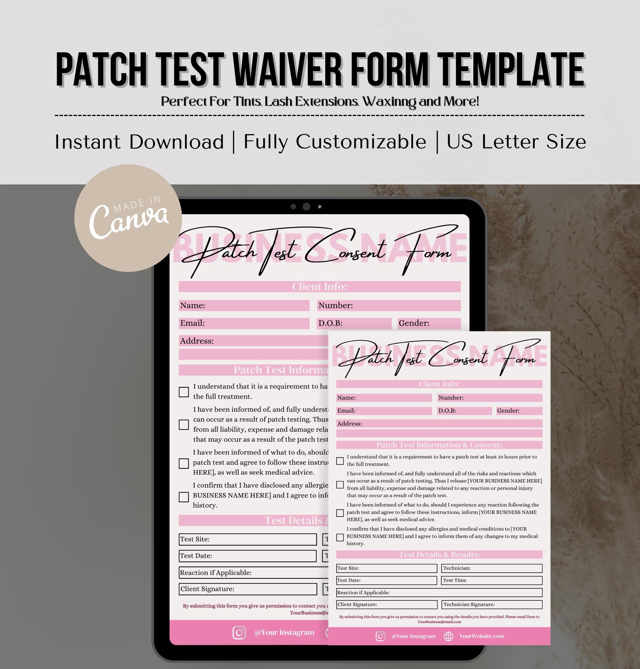True Patch Collection Form Editable Patch Test Consent Form Template, Brow Tint, Lash Lift (canva ...