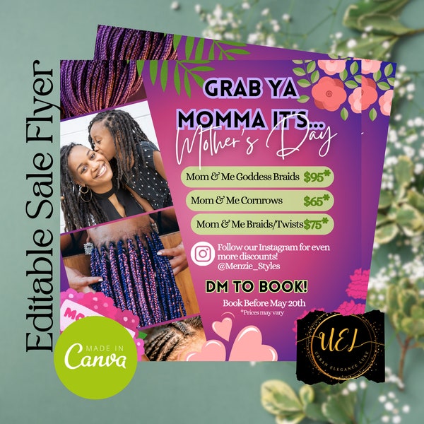 Mommy and Me Special Mothers Day Sale Flyer Template, May Sale Flyer, Braids Deal, Social Media Flyer, Braid Tech Flyer Hair Stylist Flyer