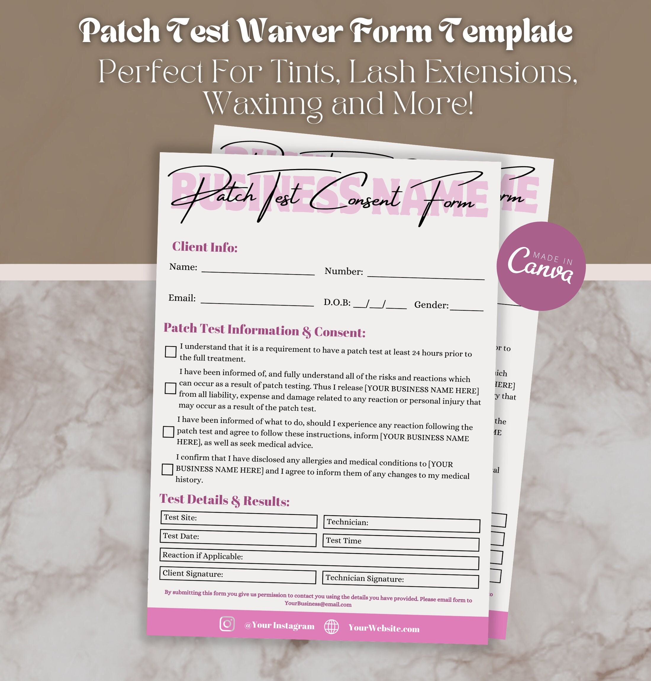 Patch Test Client Consent Form Template, Beauty Treatment Waiver Form