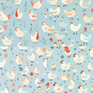May include: A seamless pattern featuring a variety of colorful chickens and chicks on a light blue background. The pattern includes flowers, leaves, and other floral elements.