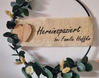 Metallring Trockenblumen Dekoring hereinspaziert personalisiert Familienschild, willkommen, Hochzeitsgeschenk