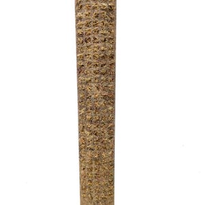 May include: A tall, cylindrical plant support pole with a textured, brown surface. The pole is made of a natural fibre material and is designed to provide support for climbing plants. The pole is tapered and has a light-coloured top.