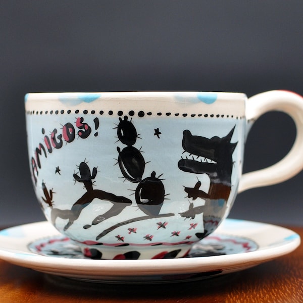 Amigos Cup and Saucer - Hand-Painted and Signed - Southwest Coyote/Cactus Design