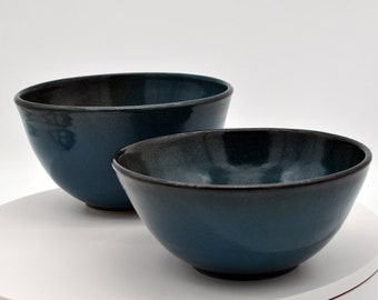 Handmade Set of Dark Blue Glazed Studio Pottery Bowls - Signed