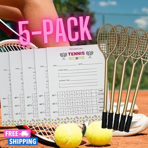 Team-Pack 5 TENNIS NOTEPADs & PENS, Tennis Captain Must Have, Gift for Tennis Lovers, Paper Score Sheets, Tennis Scorecards and Racquet Pens