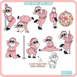 May include: A digital design featuring eight illustrations of Santa Claus in various poses, including dancing on a pole, holding a disco ball, and wearing sunglasses. The illustrations are in a pink and white color scheme.