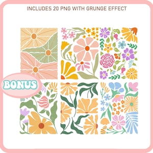 Peut inclure: Un ensemble de 20 illustrations num&eacute;riques repr&eacute;sentant des fleurs color&eacute;es avec un effet grunge. Les fleurs sont dispos&eacute;es en grille et pr&eacute;sentent diff&eacute;rentes formes et tailles. Les illustrations sont parfaites pour ajouter une touche de fantaisie &agrave; vos cr&eacute;ations.