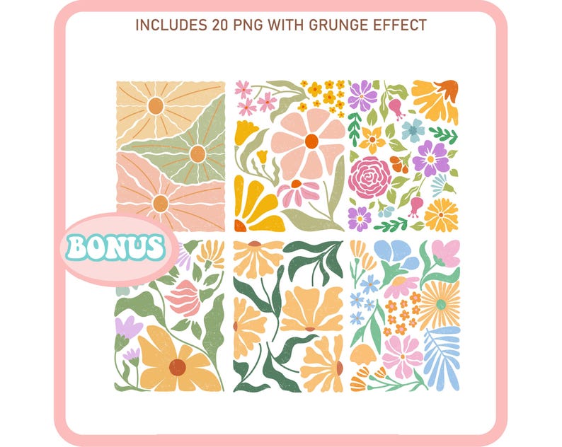 Peut inclure: Un ensemble de 20 illustrations num&eacute;riques repr&eacute;sentant des fleurs color&eacute;es avec un effet grunge. Les fleurs sont dispos&eacute;es en grille et pr&eacute;sentent diff&eacute;rentes formes et tailles. Les illustrations sont parfaites pour ajouter une touche de fantaisie &agrave; vos cr&eacute;ations.