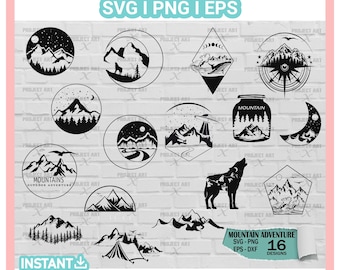 Pacote SVG de Aventura na Montanha – 16 Designs de Viagem e Acampamento para Cricut | Clipart de Natureza para Caminhadas | Uso Comercial Incluso Svg Vida no Acampamento