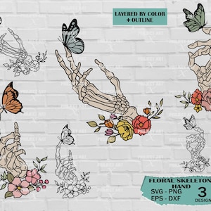Floral skeleton hand Svg, Skeleton hand Svg, Hand with butterfly Svg, Bones finger Svg, Halloween cut file, File for cricut, comercial use